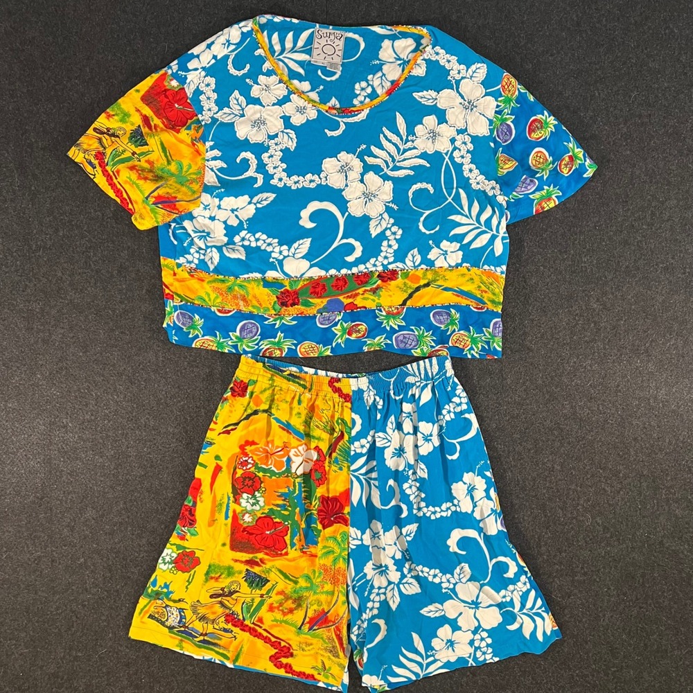 Surya Tropical 2 Piece Set Womens XL L Blue Floral Hibiscus Rayon Vintage 90s